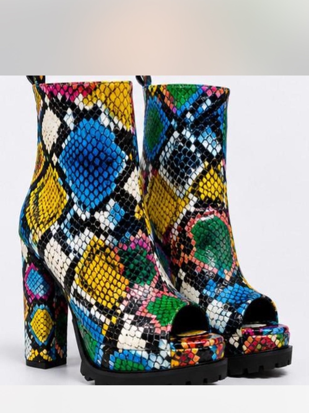 Multicolor Snake-Print Peep-Toe Platform Booties with matching wallet purse